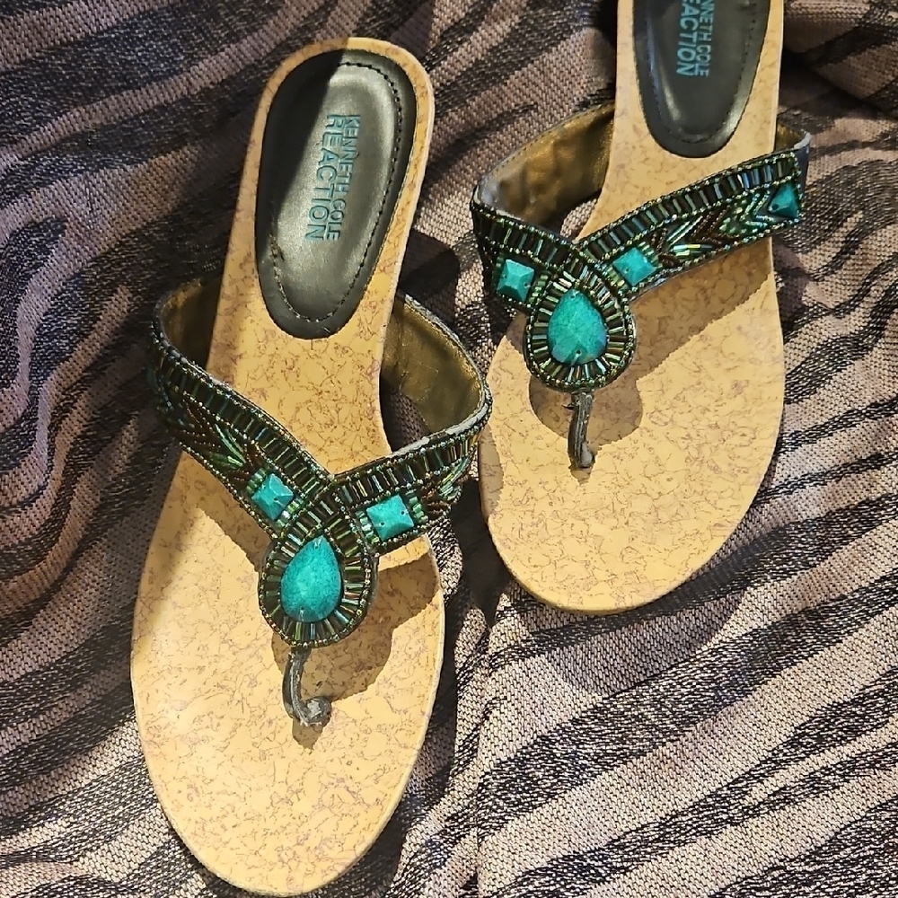 Kenneth Cole Green Sandals with Cork Sole and Decorative Elements
